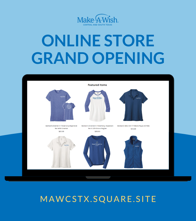 Online Store Grand Opening with an image of the items in the shop on a computer and the website mawcsx.square.site