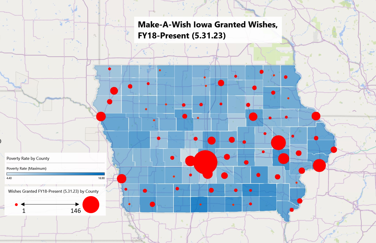 heat map of Make-A-Wish Iowa granted wishes since 2018