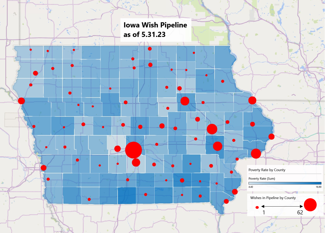 heat map of Make-A-Wish Iowa wish pipeline as of May 2023