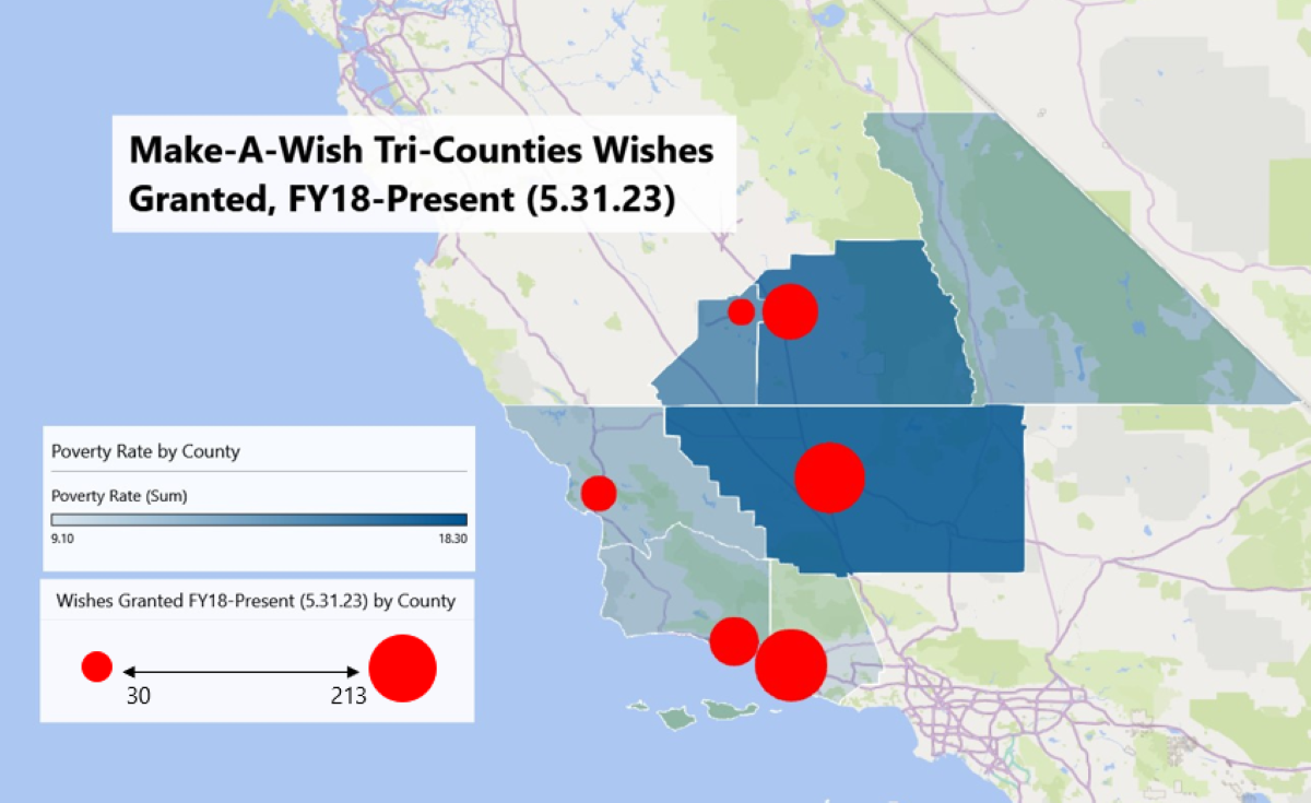 Granted Wishes heat map of Tri-Counties chapter region