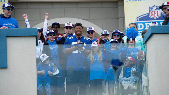 The New York Football Giants announce 2019 draft picks with wish kids from the balcony of the Wishing Place.