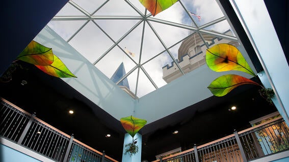 The atrium with a view of spires.