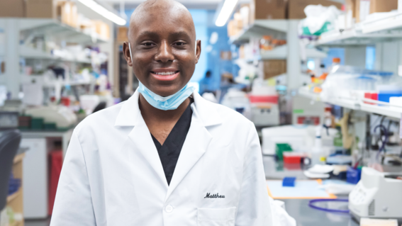 Childhood Cancer Awareness Month Donate. Wish Kid Matthew in lab coat and mask.