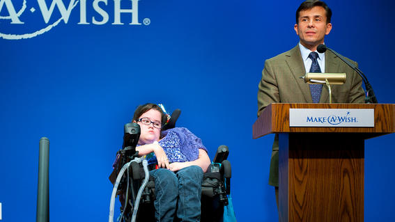 John Crowley and wish kid Megan Crowley speak at the Wishing Place Grand Opening ceremony