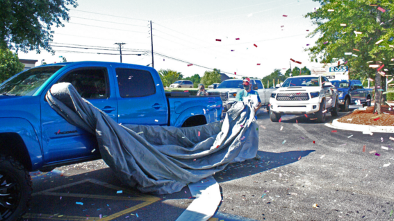 Michael unveils his truck amid a flurry of confetti. 