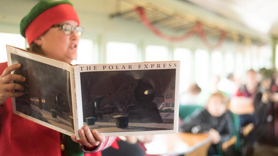 Woman reads storybook to train full of people