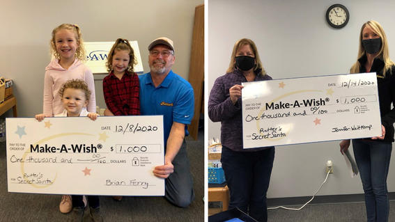 On the left: Bryan Ferr, Rutter's Corporate Office employee with his grandchildren and their donation. On the right: Ann Waltman with Rutter's North Hills employee, Jennifer Weitkamp presenting her donation. 
