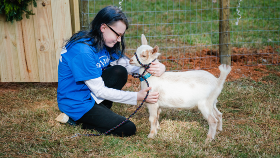 Madison bonds with her new pet goat, Percy