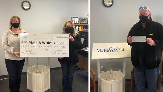 On the left: Ann Waltman with Rutter's Corporate Office employee Vicki Spangler presenting her donation. On the right: Rutter's employee Joe Verrechia from Red Lion, PA, presents his donation by the wishing well.