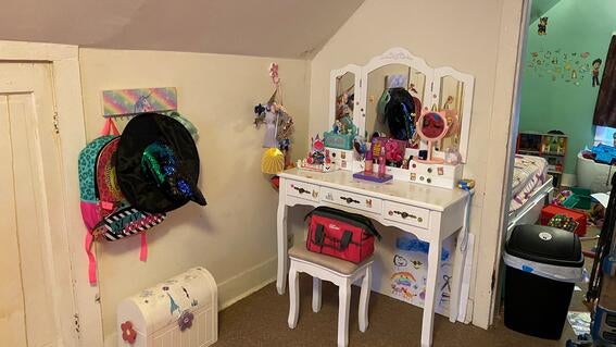 Penelope's vanity sitting in her bedroom.