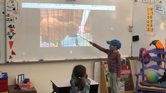 Eleanor standing at front of classroom giving a presentation about her Make-A-Wish puppy