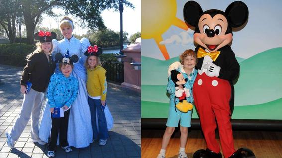 Paige with sisters and Disney characters on her wish trip.