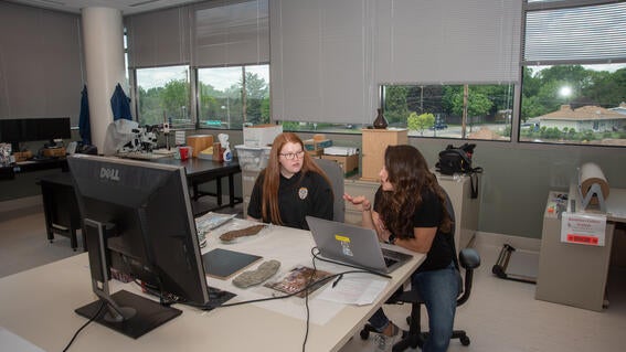 Margaret using computer processing to work on the murder case