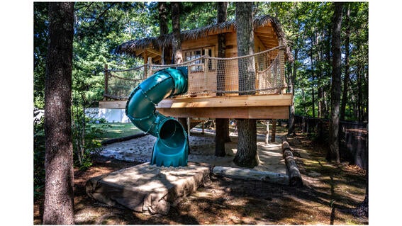Libby's wooden treehouse nestled among the trees, with a thatched roof and a green twisty slide