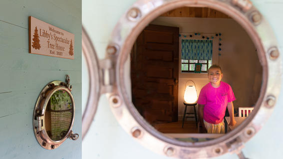Libby's porthole window and a photo that's taken looking through the window to show her inside enjoying her treehouse
