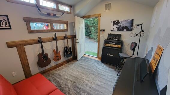 Billy's shed wide view with music equipment