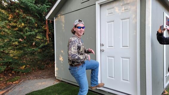 Billy approaching shed