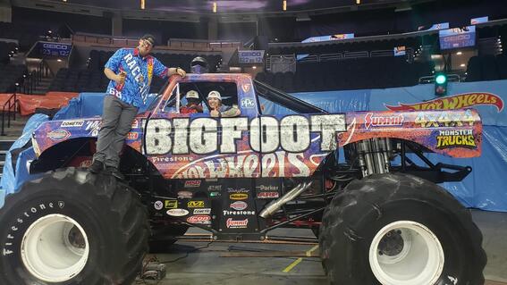 Godric in a monster truck