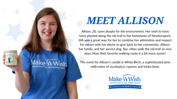 Wish kid Allison in her Make-A-Wish t-shirt showing off the candle that was inspired by her wish 