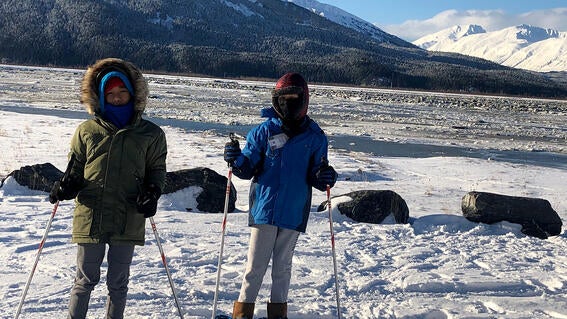 Yuval and friend skiing