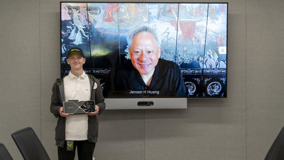 Luca on a video call with NVIDIA founder and CEO Jensen Huang