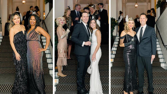 Couples dressed in glamorous 20s era fashion.