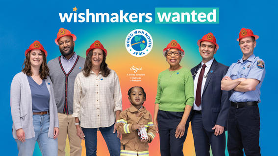 WishMakers Wanted text above group of people in firefighter hats surrounding wish kid Jace