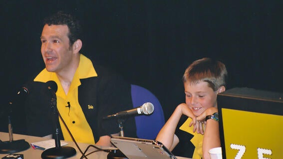 Ben and EJ speaking at the launch of Ben's Game on Ben's wish day celebration in 2004.