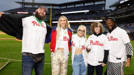 Wish kid with WWE stars at a Phillies baseball game