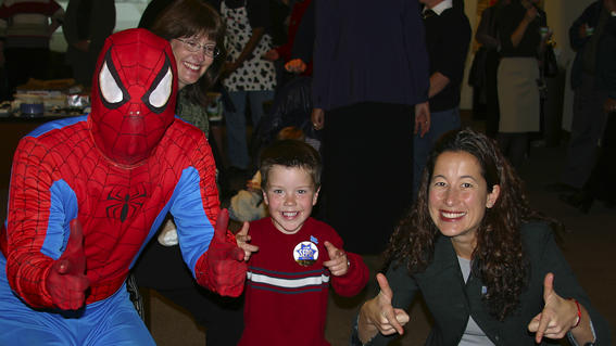 Spider-Man, Matthew and Julie give web slinger pose to the camera