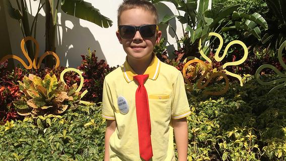  Waylon dressed in his SpongeBob SquarePants outfit outside his Pineapple Villa