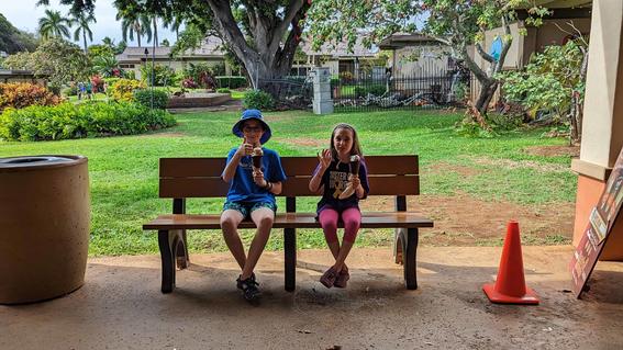 Rhydian and his sister Noora enjoying ice cream after the helicopter ride was postponed.