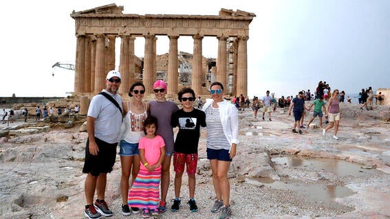 Elizabeth and family in front of Acropolis