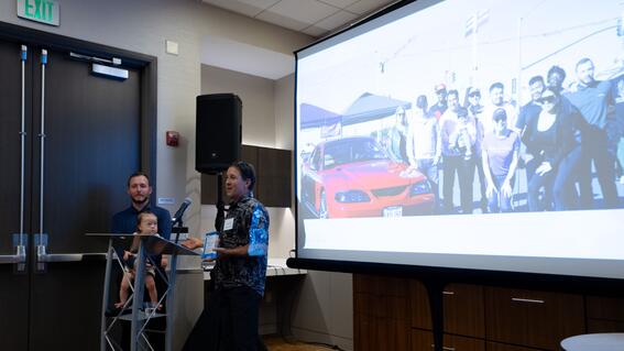 Christian Saban from Cypress Coast Subaru and Steve Hunter from Coastal Colors accepting the Wish Impact Award for Ignacio's wish to have a car restoration.