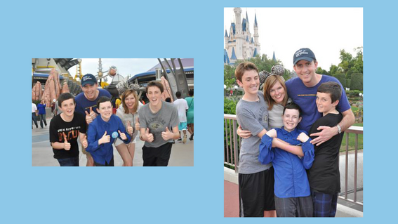 Two photos of Grady and family on his wish trip at Disney World