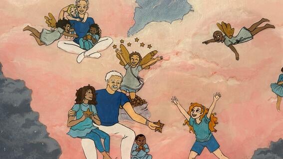 Painting zoomed in view of volunteers and wish kids in the clouds