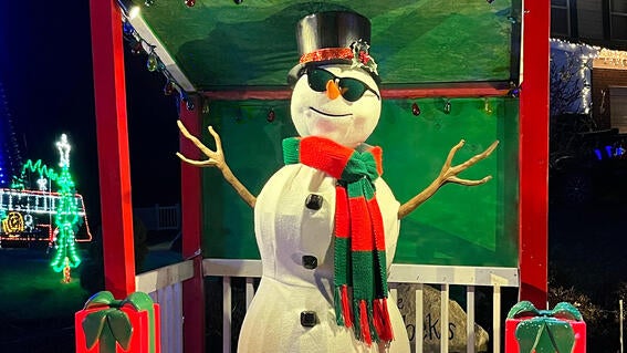 Snowman all decked out at the Zombek light display. 
