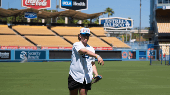 Braxton throwing a baseball at Dodger Stadium