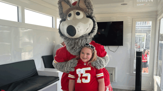 Libby with K.C. Wolf, the Chiefs mascot