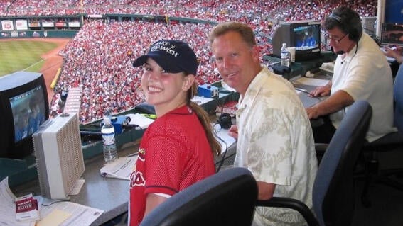 Sarah Bechtel in the announcer booth on her wish in 2005