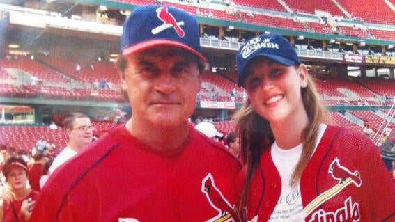 Sarah Bechtel with one of the players on the Cardinals in 2005