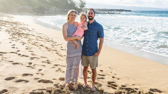 Wish alum Sarah Bechtel with her husband and daughter on the beach