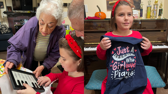 Paisley opening gifts at the piano with her family