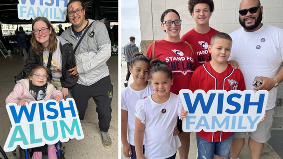 Two photos: The left shows a family of three, with a child using a wheelchair holding a "WISH ALUM" sign, and the right shows a family of six holding a "WISH FAMILY" sign.
