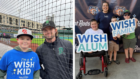 Two photos: a boy in a "Make-A-Wish" t-shirt with a baseball player at a baseball field, and a group photo with a boy using a wheelchair and people holding "Wish Family" and "Wish Alum" signs in front of a banner.