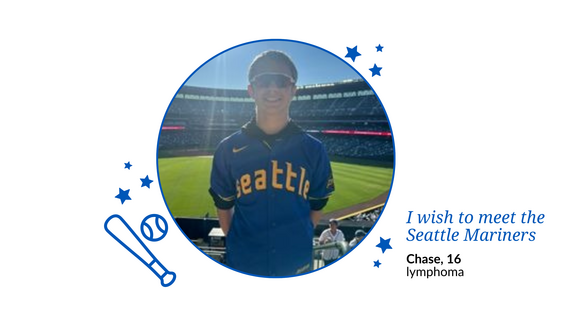 Image of Chase, 16, who wishes to meet the Seattle Mariners wearing a jersey that says "Seattle" across the chest. 