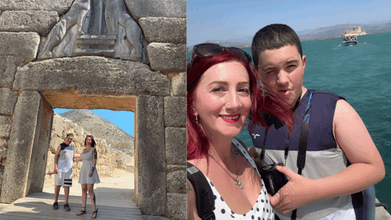 Nico and mom in front of the Aegean Sea