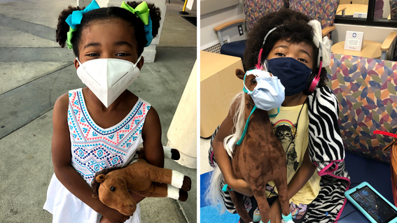 Suriha, wearing a mask, with her stuffed horse by her side during hospital visits.