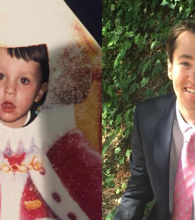 A side-by-side comparison of two photos. The left is of wish alum Dan as a young child; the right is of Dan as a recent college graduate.