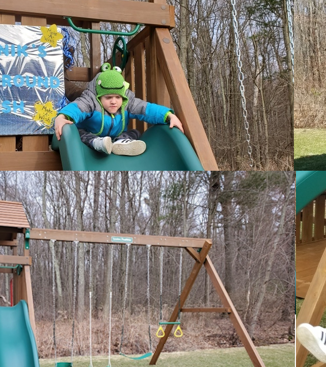Dominik plays on his wooden playset in his backyard.